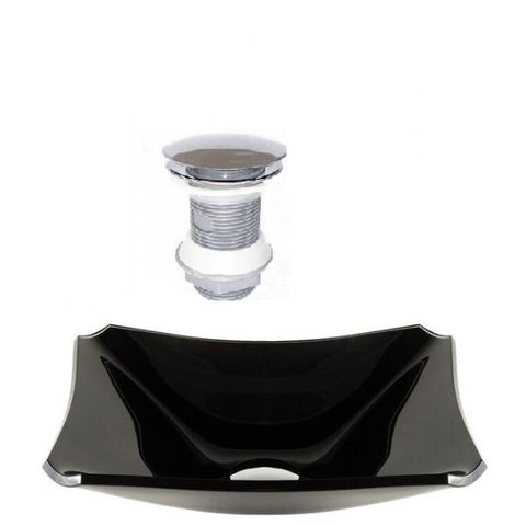 CUBA DE VIDRO RETANGULAR CHANFRADA 37CM PRETO + VÁLVULA CLICK