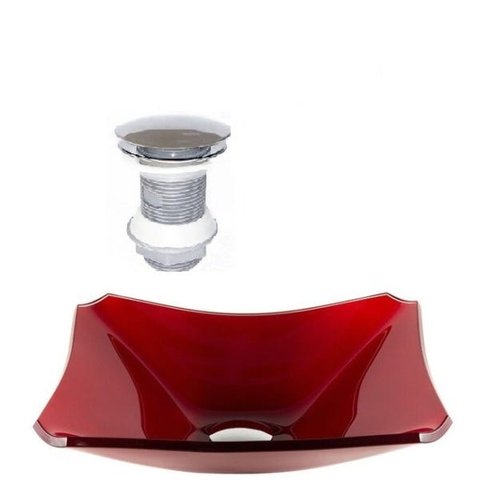 CUBA DE VIDRO RETANGULAR CHANFRADA 37CM VERMELHO CEREJA + VÁLVULA CLICK