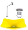Ver imagem 1 de CUBA DE VIDRO RETANGULAR CHANFRADA 37CM AMARELO + VÁLVULA CLICK + TORNEIRA