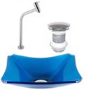 Ver imagem 1 de CUBA DE VIDRO RETANGULAR CHANFRADA 37CM AZUL ESCURO + VÁLVULA CLICK + TORNEIRA