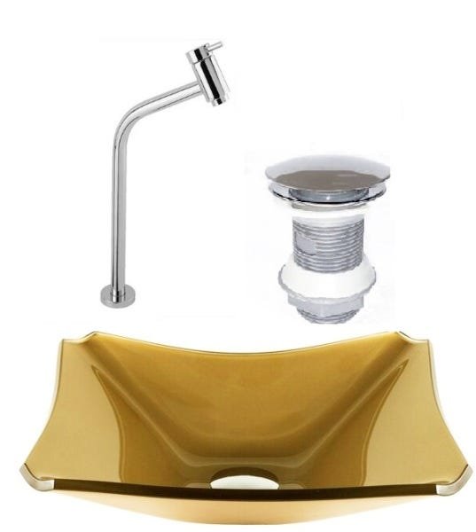 CUBA DE VIDRO RETANGULAR CHANFRADA 37CM DOURADO REAL + VÁLVULA CLICK + TORNEIRA - 1