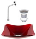 Ver imagem 1 de CUBA DE VIDRO RETANGULAR CHANFRADA 37CM VERMELHO CEREJA + VÁLVULA CLICK + TORNEIRA