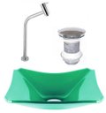 Ver imagem 1 de CUBA DE VIDRO RETANGULAR CHANFRADA 37CM VERDE + VÁLVULA CLICK + TORNEIRA