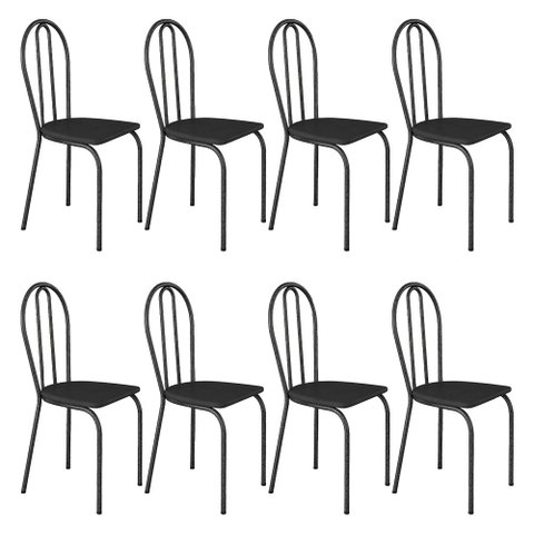 Kit 8 Cadeiras de Cozinha Texas Liso Preto Pés de Ferro Cromo Preto - Pallazio
