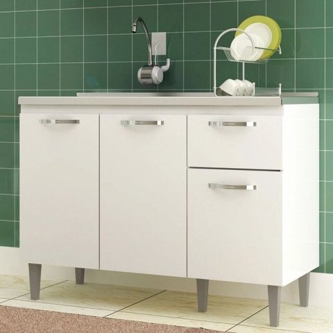 Balcão Pia 3 Portas 1 Gaveta Novo Tempo Light 120Cm Branco