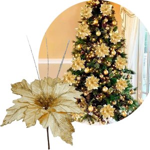 Flores Brilhantes Dourada Natal Decoração de 40cm Kit 8pçs