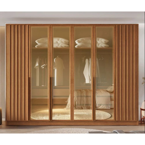 Guarda Roupa Casal Nature Ripado com Vidro Reflecta LED 6 Portas em MDF Milão Bianchi