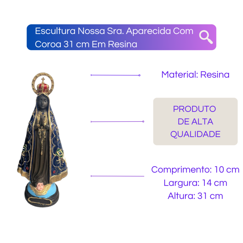 Escultura Nossa Sra. Aparecida com Coroa 31 Cm em Resina - 2