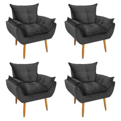 Kit 4 Poltronas Decorativa Opala Pés Palito Veludo Cinza Grafite Chamby Móveis