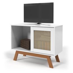 Balcão Buffet Aparador Bar Porta de Correr Rattan Pés em Madeira Branco MDF - 8