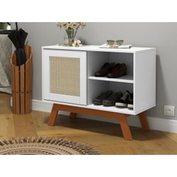 Balcão Buffet Aparador Bar Porta de Correr Rattan Pés em Madeira Branco MDF - 1