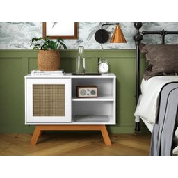 Balcão Buffet Aparador Bar Porta de Correr Rattan Pés em Madeira Branco MDF - 3