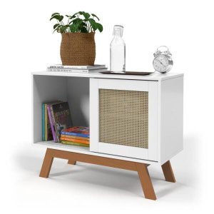 Mini Balcão Buffet Aparador Bar Porta de Correr Rattan Pés em Madeira Branco