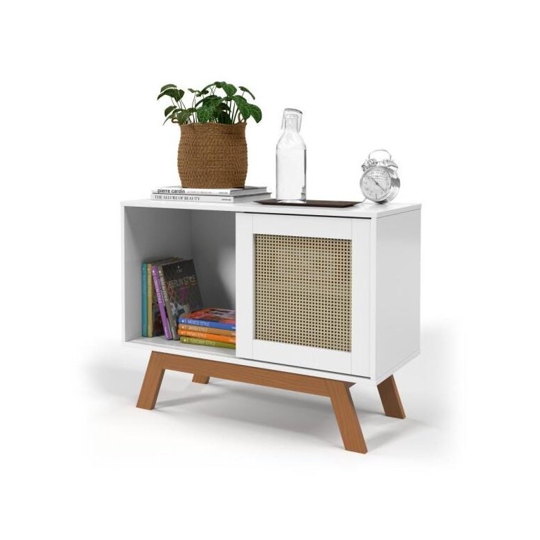 Mini Balcão Buffet Aparador Bar Porta de Correr Rattan Pés em Madeira Branco