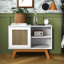 Mini Balcão Buffet Aparador Bar Porta de Correr Rattan Pés em Madeira Branco - 2