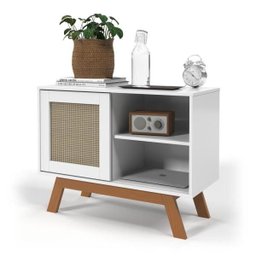 Mini Balcão Buffet Aparador Bar Porta de Correr Rattan Pés em Madeira Branco - 3