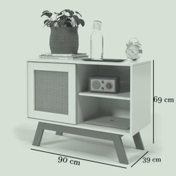 Mini Balcão Buffet Aparador Bar Porta de Correr Rattan Pés em Madeira Branco - 5