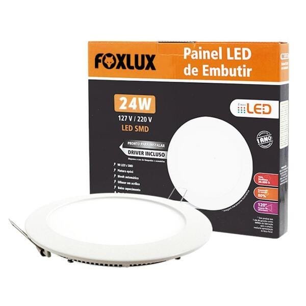 Painel de LED Downlight Redondo de Embutir 24W Luz Branca 6500K Bivolt – Foxlux