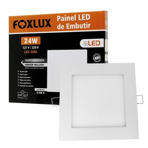 Painel de LED Downlight Quadrado de Embutir 24W Luz Branca 6500K Bivolt – Foxlux