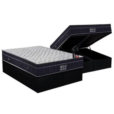 Cama Box Baú King Colchão Molas Bonnel Ortobom Nanolastic Airtech Progressive + Base Crc Suede