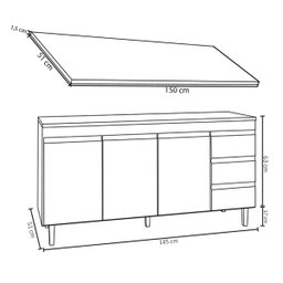 Balcão de Pia 3 Portas Andréia 150 Cm Branco sem Tampo Ajl Móveis - 4