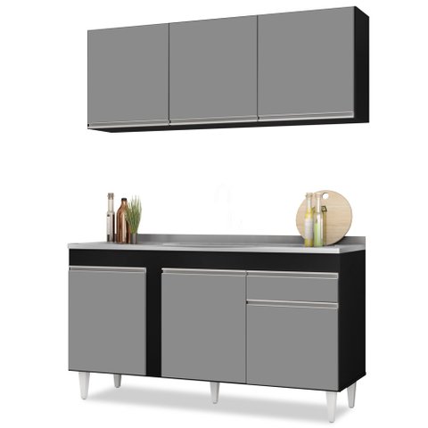 Armário Aéreo Argélia e Balcão Gabinete com Pia Inox 150cm Dakota Preto/Cinza - Lumil Lumil Móveis A