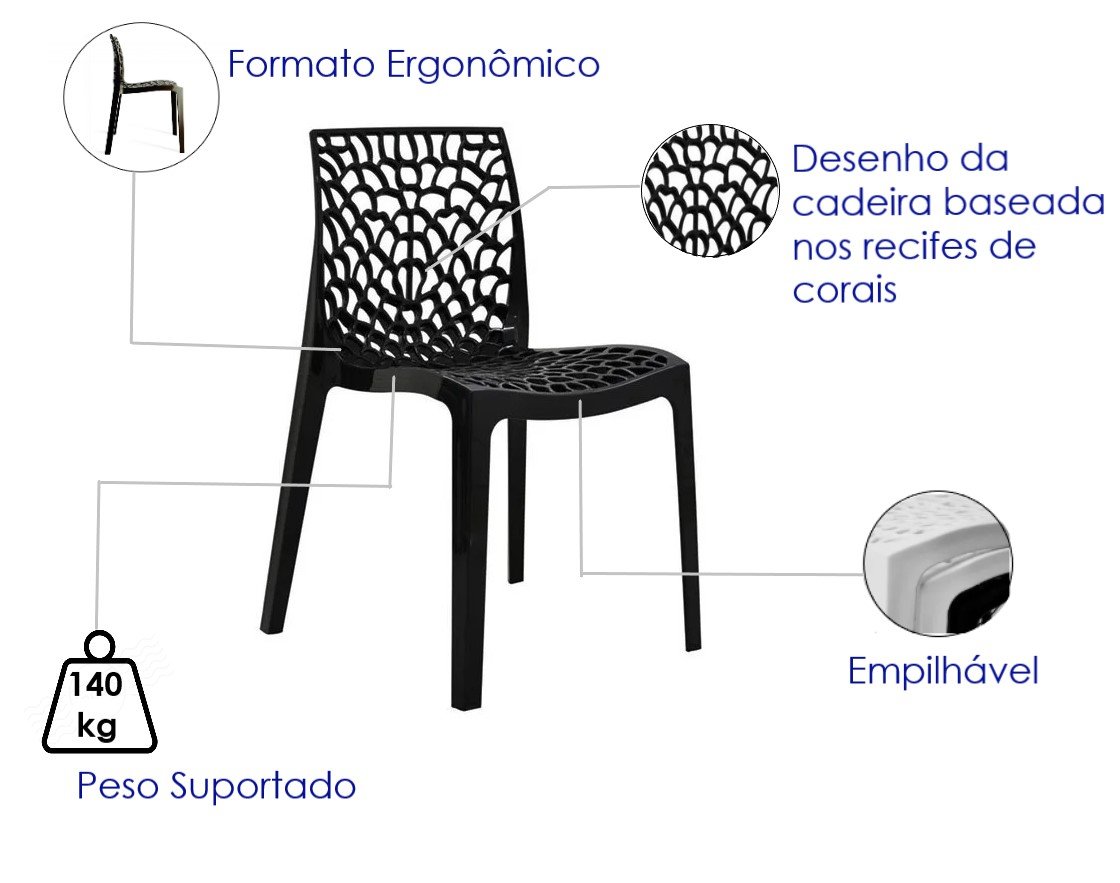 Kit com 6 Cadeiras Gruvyer Preta Fosca Ideal para Sala de Jantar Área Externa Escritório - 6