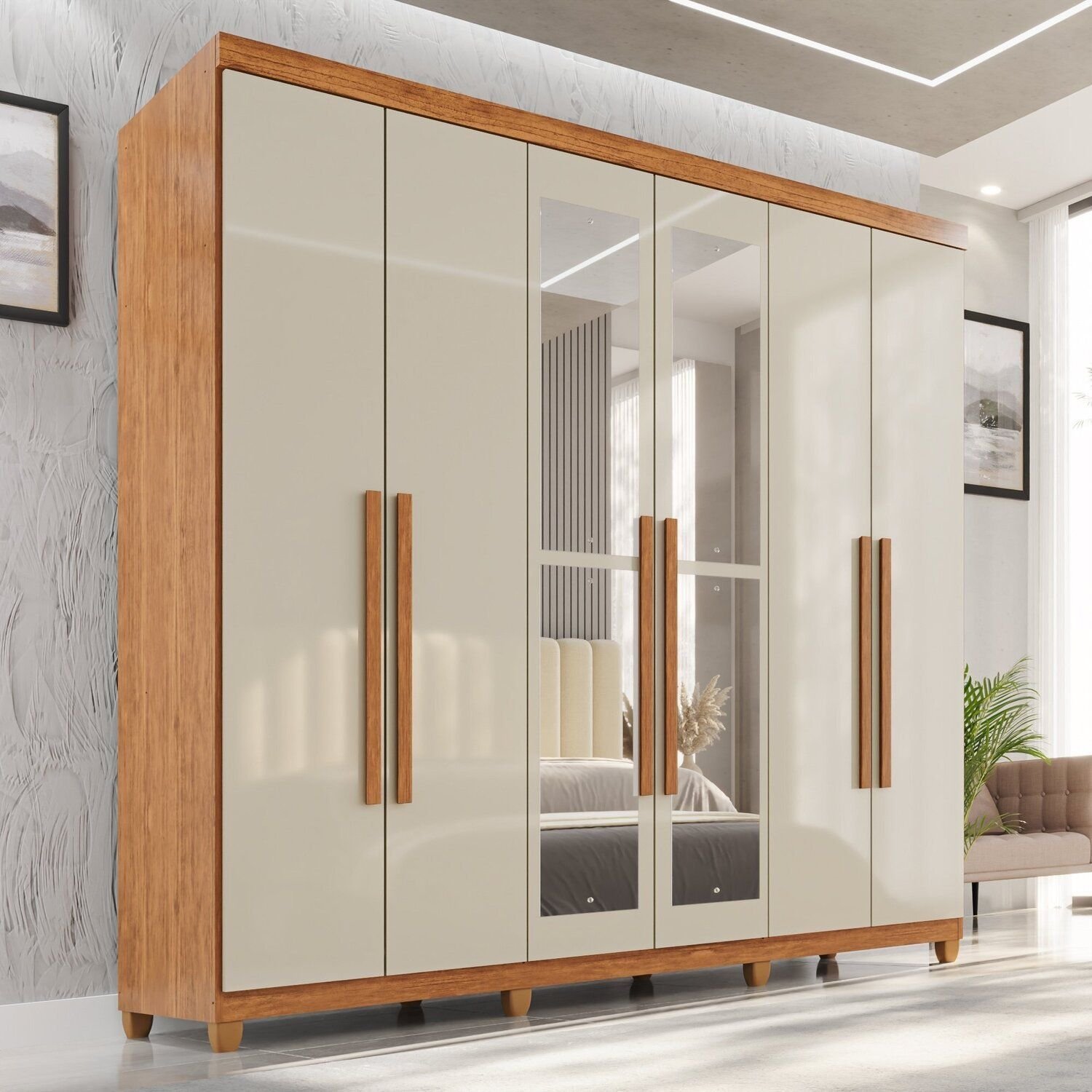 Guarda-roupa Casal com Espelho 6 Portas 2 Gavetas com Pés 100% Mdf