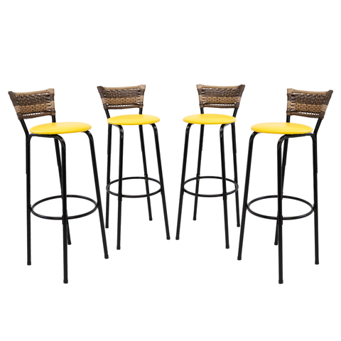 Kit 4 Banquetas 80cm para Balcão Ilha Bancada Área Gourmet Encosto em Junco Banco Itagold