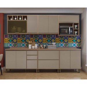 Cozinha Completa 7 Peças Armário, Balcão e Nicho Microondas Vidro Reflecta Mel Luciane Móveis