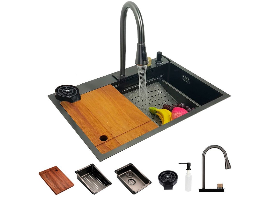 Cuba Gourmet Cozinha Luxo Pia Premium com Torneira Cascata Lavador Copos Preta Aço Inoxidável