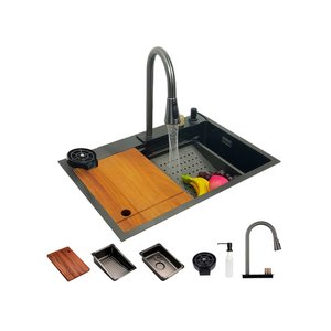 Cuba Gourmet Cozinha Luxo Pia Premium com Torneira Cascata Lavador Copos Preta Aço Inoxidável
