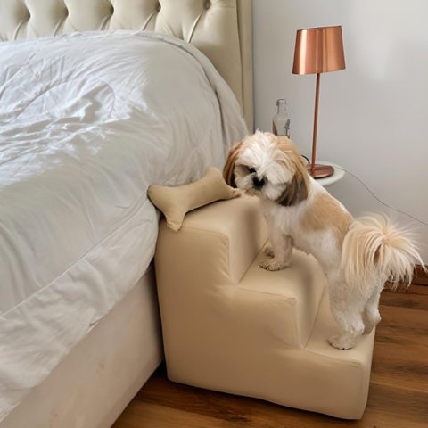 Escadinha Pet 3 Degraus Cachorro Escada Cão Bege Suede Grace