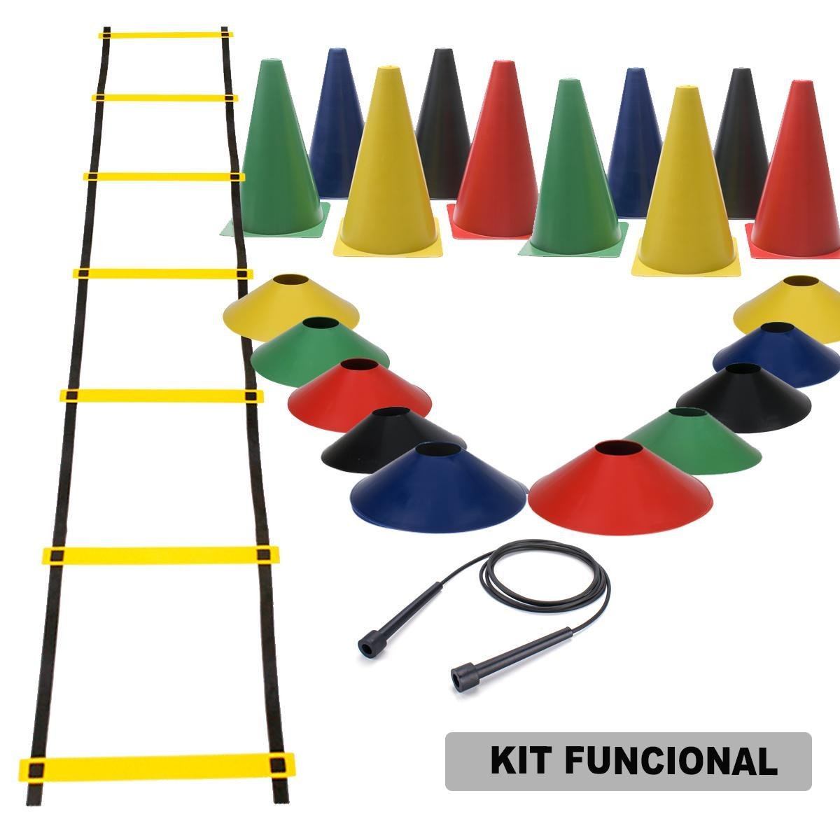 Kit Funcional Escada + Corda + 10 Pratos + 10 Cones Treino - 1