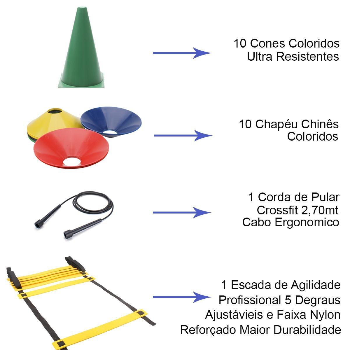 Kit Funcional Escada + Corda + 10 Pratos + 10 Cones Treino - 2