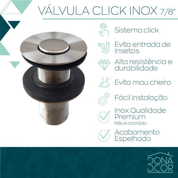 Válvula Click 7/8 Inox Ralo Pia Banheiro Lavatório Cuba - 5