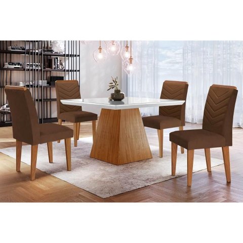 Conjunto: Mesa Sala Jantar Luna C/ Tampo Madeirado C/ Vidro Canto Curvo 90x90cm e 4 Cadeiras