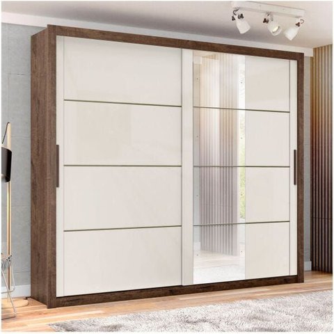 Guarda-Roupa Casal 2 Portas de Correr com Espelho Jacaranda/Off-White - Imperador Plus/Zanzini