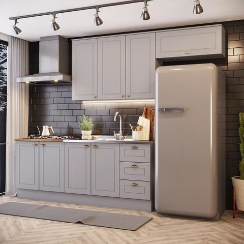 Cozinha Compacta Modulada 280cm Americana 8 Portas 3 Gavetas Henn - Cinza