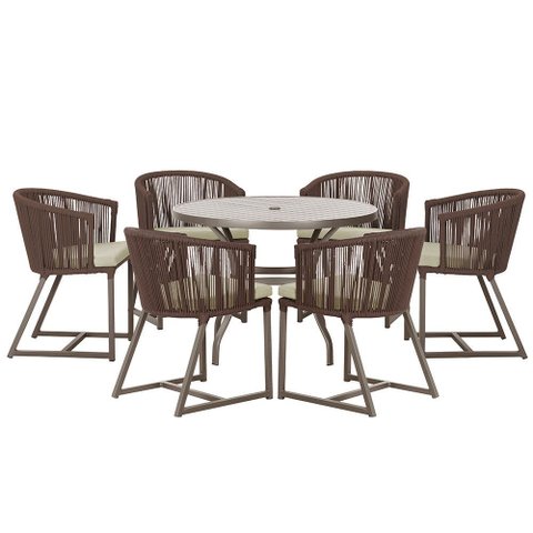 Mesa com 6 Cadeiras de Jantar Roma 120cm e Noronha em Alumínio Marrom Corda Náutica Estofado 7 Trama