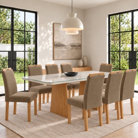 Conjunto Sala de Jantar 8 Lugares Retangular Tampo Vidro/MDF 200x90cm Mesa e Cadeiras Lyra