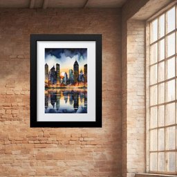 Quadro Aquarela Paisagem Noturna Cidade - 60x48cm:moldura Preta - 1 Quadro Aquarela Paisagem Noturna Cidade - 60x48cm:moldura Preta - 1