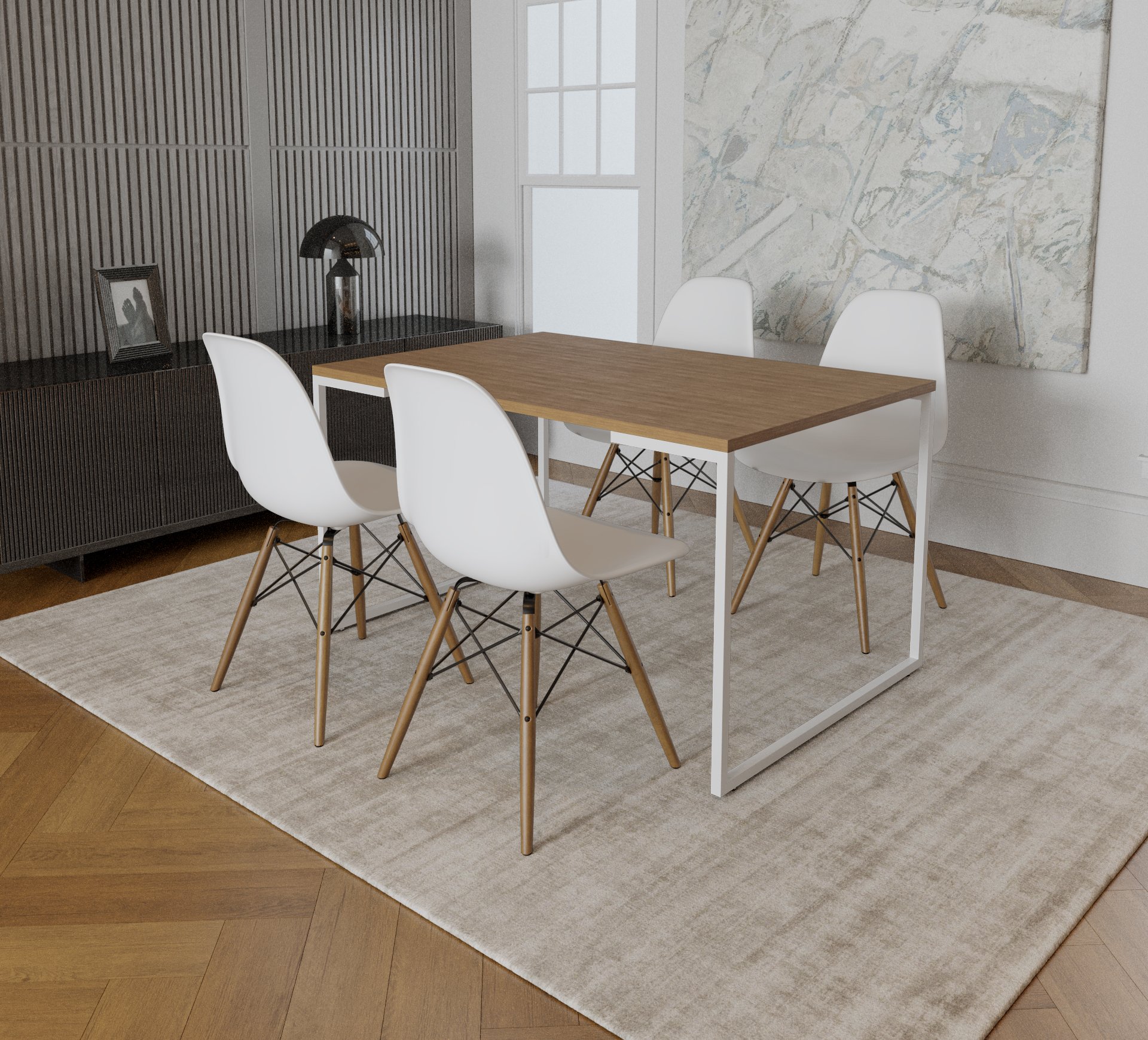 Mesa Industrial Base Ferro Branco Tampo 137x90 Amêndoa 4 Cadeiras Eames Madeira Assento Branco