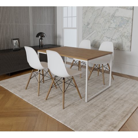 Mesa Industrial Base Ferro Branco Tampo 137x90 Amêndoa 4 Cadeiras Eames Madeira Assento Branco