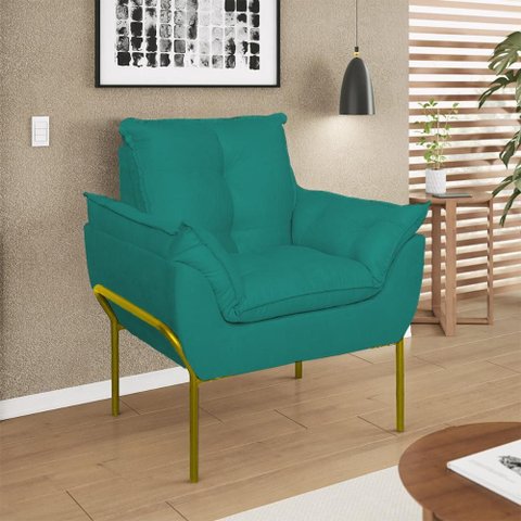 Poltrona Sofá Luxo Base Metal Dourada Recepção Escritório Cor:azul Turquesa