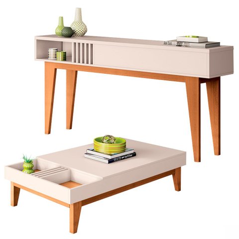 Aparador Buffet Henry + Mesa de Centro Grey para Sala Off White Cinamomo - Bela Móveis