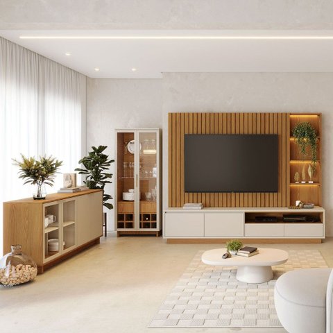 Conjunto Sala de Estar Estante Home Ripado Ideal para TV até 82' com LED + Cristaleira + Buffet 4 Po