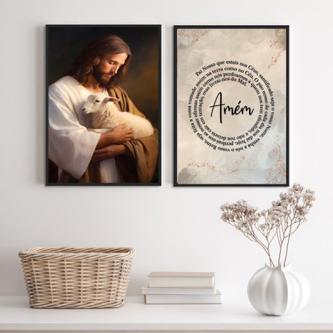 Kit 2 Quadros Jesus com Ovelha - Pai Nosso 45x34cm - com Vidro:madeira Preta