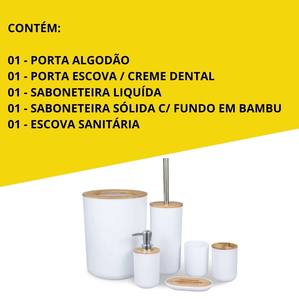 Kit de Banheiro Conjunto Completo Lavabo 6 Peças Bambu:branco - 5
