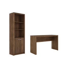 Escritório com Mesa para Computador Simples Gavetas com Armário Pareteleira 2 Portas Nogal - Fdecor - 1